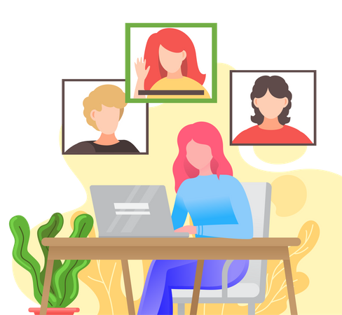 Woman having a conference video call with her colleagues or friends Illustration