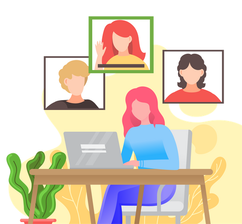 Woman having a conference video call with her colleagues or friends  Illustration