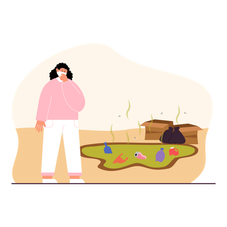 Woman having bad smell from garbage Illustration