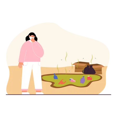 Woman having bad smell from garbage Illustration