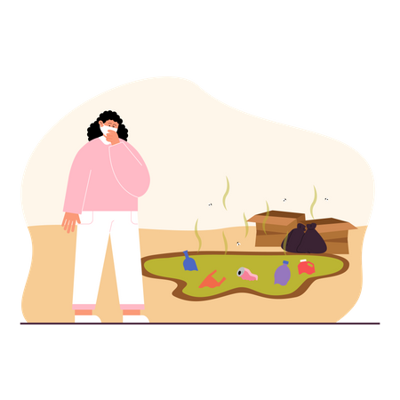 Woman having bad smell from garbage  Illustration