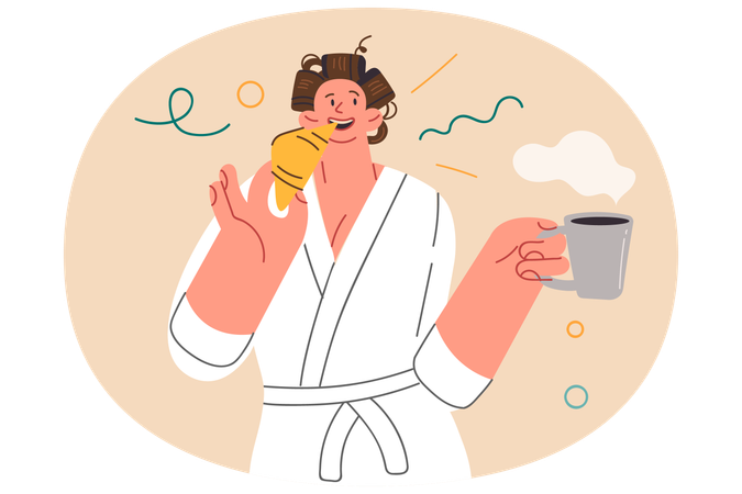 Woman having breakfast eating fresh croissant and holding cup of coffee  Illustration