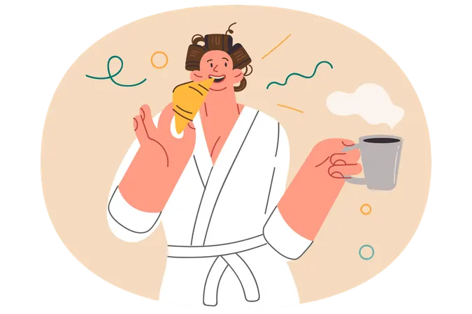 Woman having breakfast eating fresh croissant and holding cup of coffee  Illustration