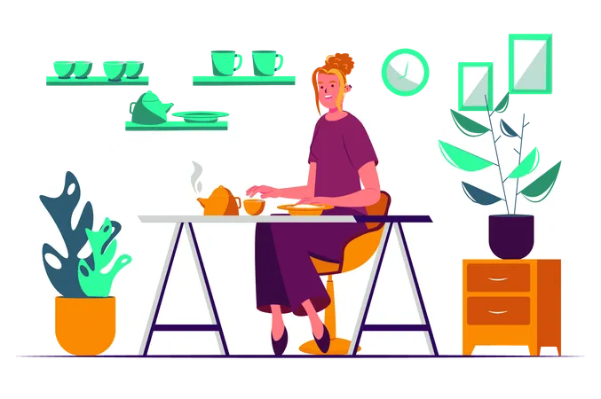Breakfast Concept With People Scene In The Flat Cartoon Style A Woman Has Breakfast In The Kitchen Before The Working Day Vector Illustration Illustration