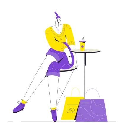 Woman having coffee after shopping  Illustration