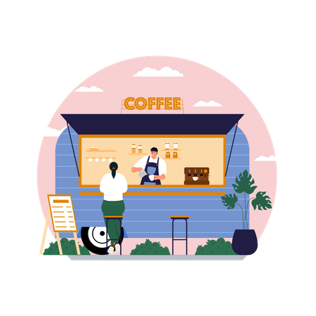 Woman having coffee at coffee truck  Illustration