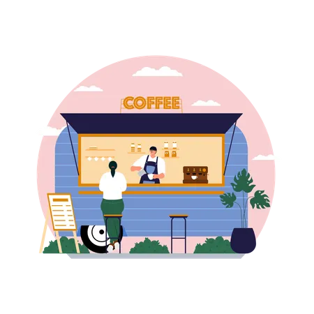 Woman having coffee at coffee truck  Illustration