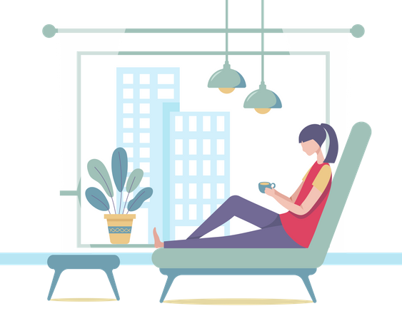 Woman having coffee on cozy day  Illustration