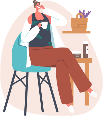 Woman having coffee while apply face mask  Illustration