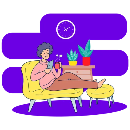 Woman having coffee while sleeping on couch  Illustration