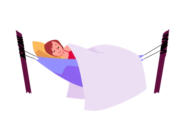 Woman having cozy nap in blue hammock  Illustration