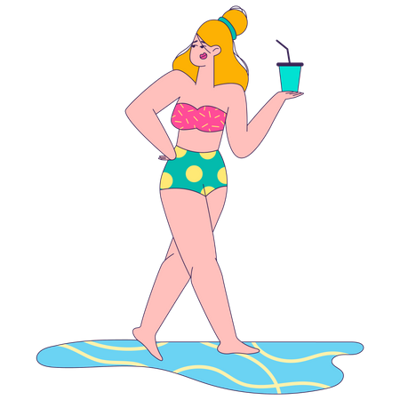 Woman having drinks at a beach  Illustration