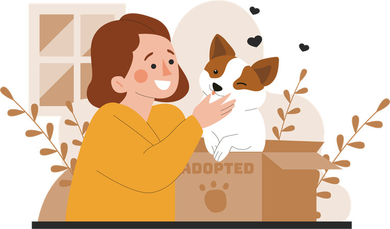 Woman having fun after adopting an animal  Illustration