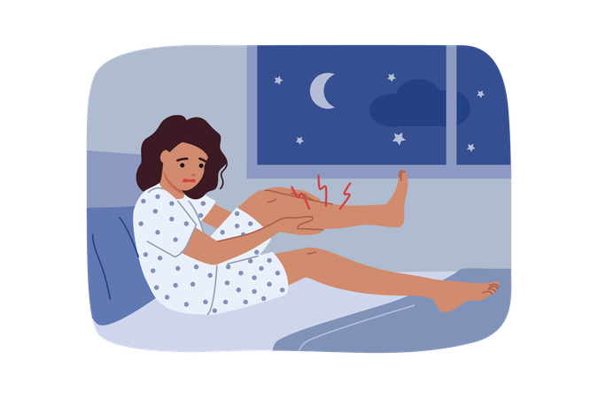 Woman having leg cramp at night  Illustration