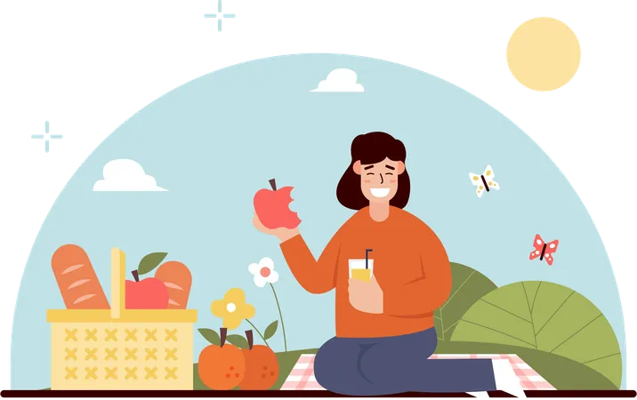 The Illustration Above Depicts A Woman Taking A Short Break To Enjoy A Relaxing Holiday Picnic With Healthy Food In A Cool City Park This Illustration Can Be Used For Various Purposes Such As Posters Landing Pages And Other Promotions Illustration