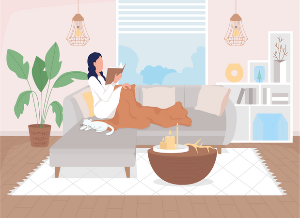 Woman having rest while reading book Illustration