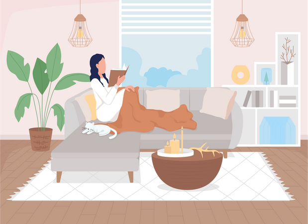 Woman having rest while reading book  Illustration