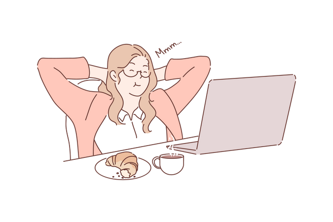 Woman having snack while working on laptop  イラスト