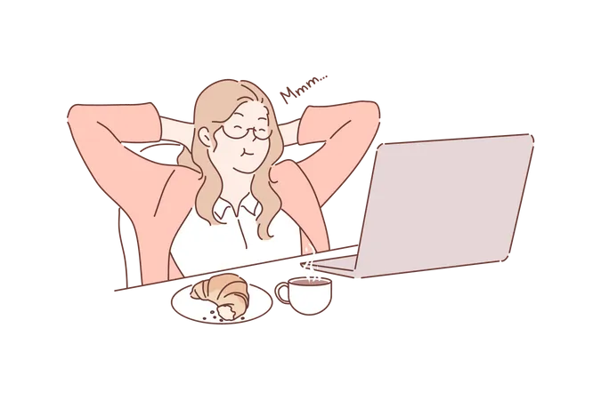 Woman having snack while working on laptop  イラスト