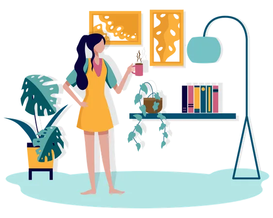 A Young Woman Refreshed The Morning With A Favorite Cup Of Coffee In Her Lounge You Can Read Books View The Artworks In This Room Vector Illustration Flat Design Illustration
