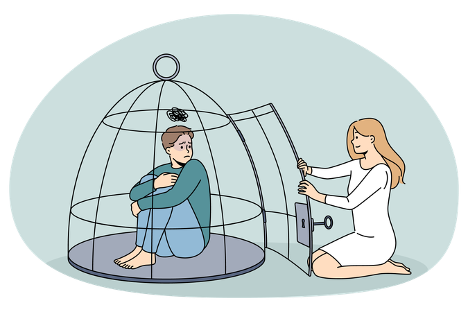 Woman help depressed man locked in cage  Illustration