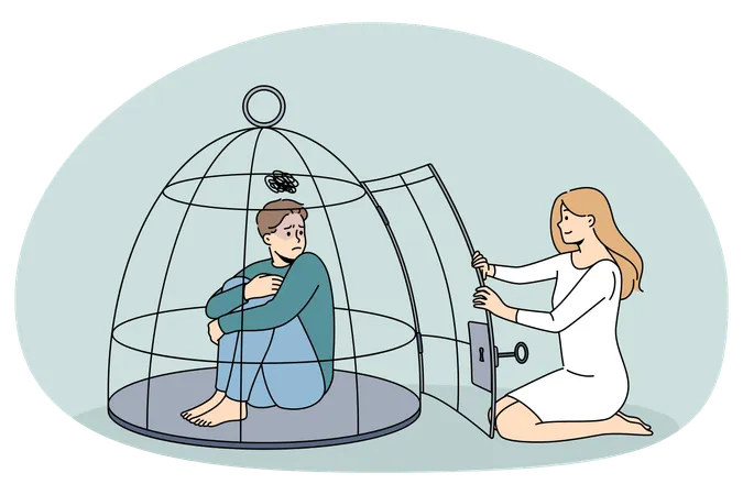 Woman help depressed man locked in cage  Illustration