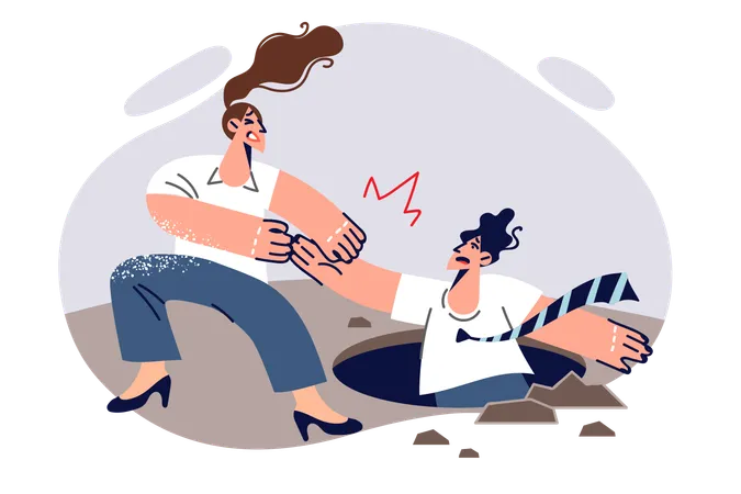 Woman Helps Business Partner By Extending Hand To Man Fallen Into Hole And Needs Support Concept Of Corporate Assistance From Manager For Employees Are In Trouble Due To Incompetence Illustration