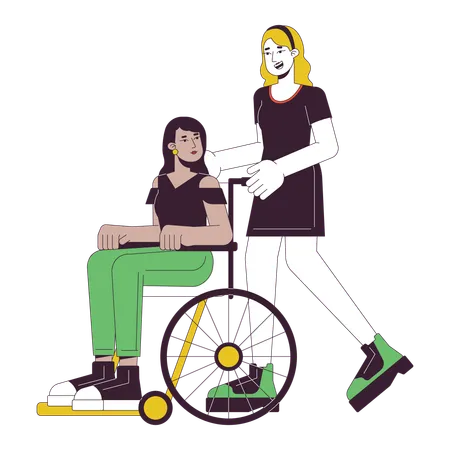 Taking Care Flat Line Concept Vector Spot Illustration Woman Helping Disabled Person On Wheelchair 2 D Cartoon Outline Characters On White For Web UI Design Editable Isolated Color Hero Image Illustration