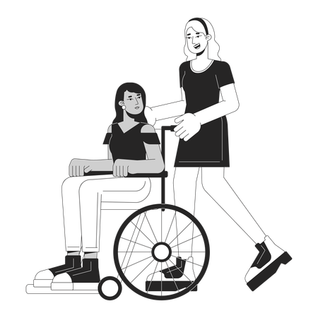 Woman helping disabled Female on wheelchair  일러스트레이션