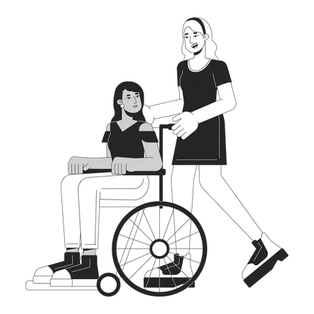 Taking Care Bw Concept Vector Spot Illustration Woman Helping Person On Wheelchair 2 D Cartoon Flat Line Monochromatic Characters On White For Web UI Design Editable Isolated Outline Hero Image 일러스트레이션