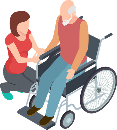 Woman helping disabled old man  Illustration
