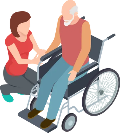 Woman helping disabled old man  Illustration