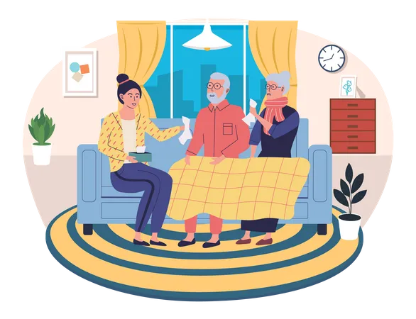 Health Care Concept Woman Helping Elderly Sick Couple In Apartment Husband And Wife Wrapped In Blanket Are Ill At Home People On Self Isolation Spend Time In Quarantine Treated With Pills Illustration