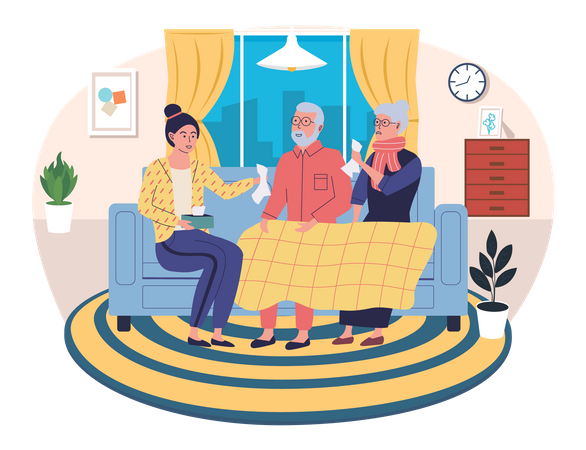 Woman helping elderly sick couple at home  Illustration