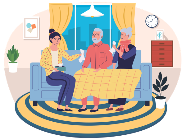 Woman helping elderly sick couple in apartment caring for elderly parents  Illustration