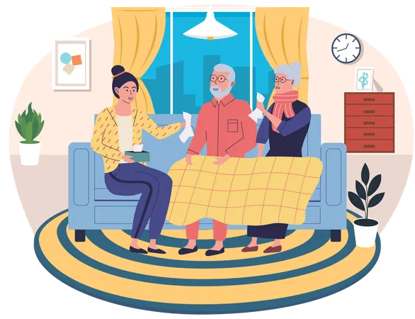 Woman helping elderly sick couple in apartment caring for elderly parents  Illustration