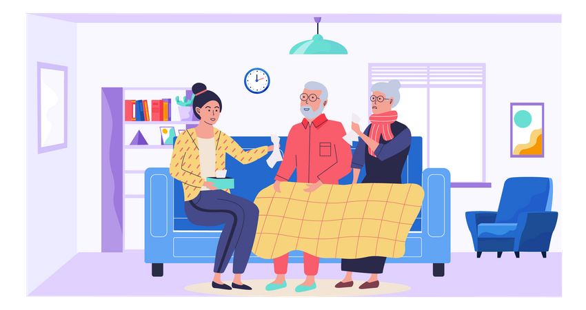 Woman helping elderly sick couple in apartment  Illustration