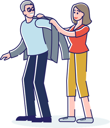 Woman helping old aged man getting dressed Illustration