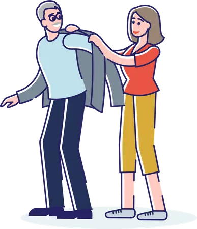 Woman helping old aged man getting dressed Illustration