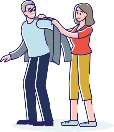 Woman helping old aged man getting dressed  Illustration