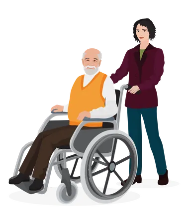 Woman helping old disable man  Illustration