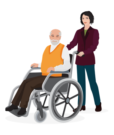Woman helping old disable man  Illustration