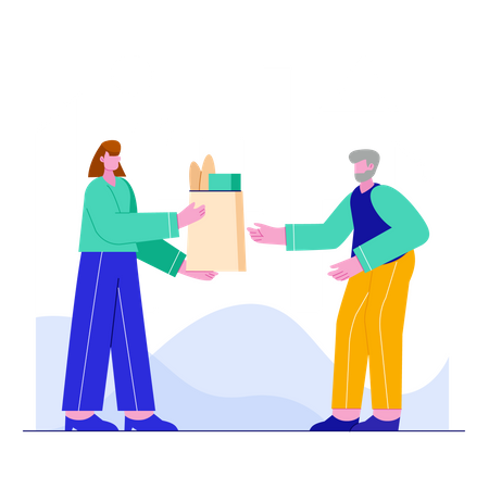 Woman helping old man by giving some food  イラスト