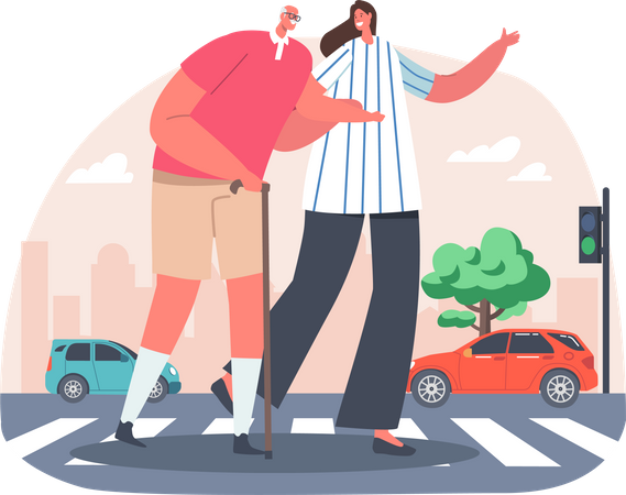 Woman helping old man in crossing road Illustration