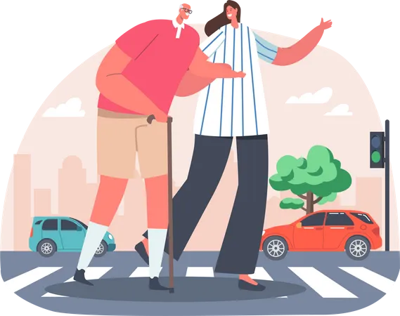 Woman helping old man in crossing road Illustration