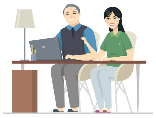 Woman helping old man with laptop  Illustration