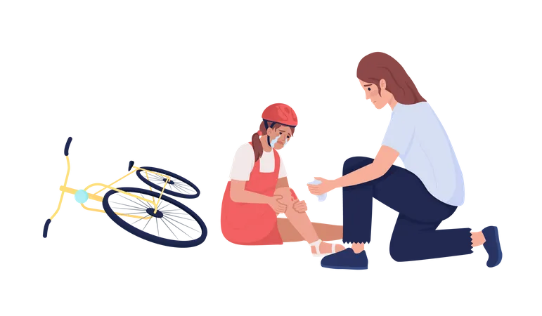 Woman helps crying little girl cyclist Illustration