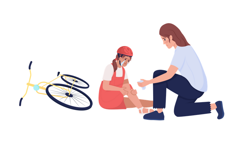 Woman helps crying little girl cyclist  Illustration