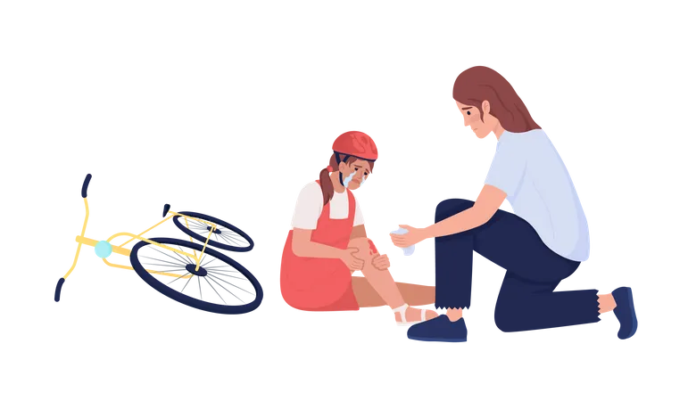 Woman helps crying little girl cyclist  Illustration