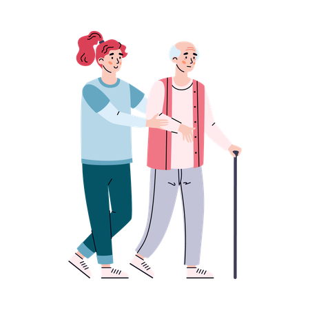 Woman helps elderly man to move  Illustration